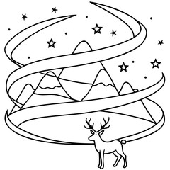 Deer illustration with winter mountains and ribbon swirl. Deer illustration includes a festive swirl and stars, evoking winter scenes and natural landscapes.