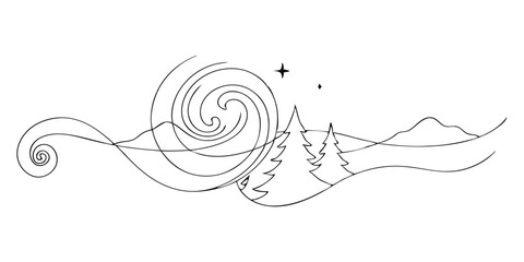 Winter landscape outline with swirling wind, two pine trees, and stars. Winter landscape outline in simple lines creates a serene winter scene, and a background with mountains.
