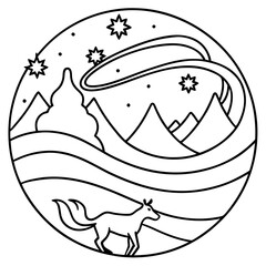 Enchanting northern lights illustration depicting aurora borealis above mountains with fox. Aurora borealis illustration showcases mystical night scene, featuring stars