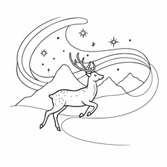 Deer outline in a mountain landscape with star sky, perfect for nature illustration. Deer outline illustration showing nature illustration in black and white style for design project.