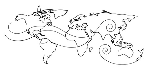 World map outline on white backdrop shows continents with swirling lines. World map outline is a minimalist geographic depiction, suggesting global connections and travel routes.