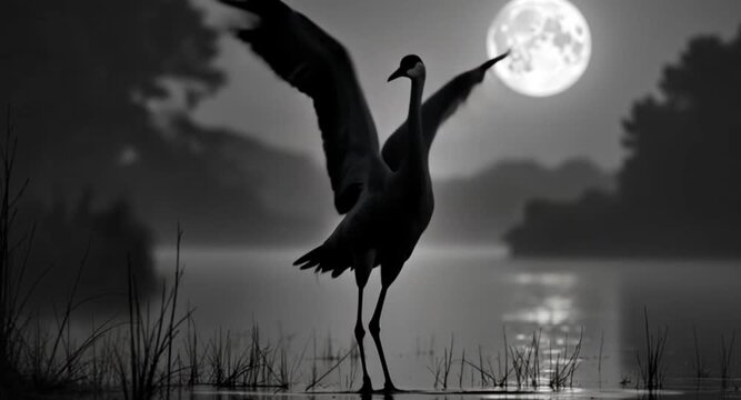 4K ultra HD video of sandhill crane dancing in vibrant wetland &ndash; breathtaking nature scene showcasing mesmerizing bird courtship behavior naturally.

