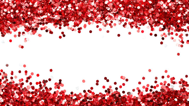 Red glitter confetti border on transparent background, PNG
