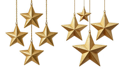 Several shiny golden stars are suspended by chains against a transparent background evoking a sense of celebration holidays and festive decoration