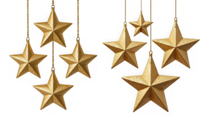 Several shiny golden stars are suspended by chains against a transparent background evoking a sense of celebration holidays and festive decoration