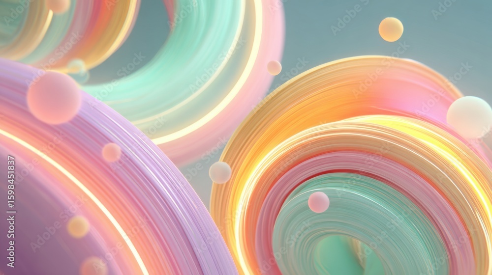 Poster flowing lines and soft spheres intertwine in an energetic display of pastel hues, capturing a sense 