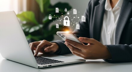 Cybersecurity Protection: Businesswoman Securing Data with Laptop and Smartphone, Encrypted Data, Privacy concept, Data privacy, Online security, Information protection. Vector Illustration