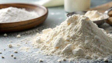 Closeup of white flour pile on dark surface baking