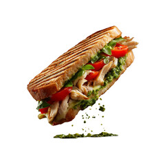 Delicious Chicken Pesto Panini Sandwich with Tomatoes and Basil, Falling with Pesto Drizzle