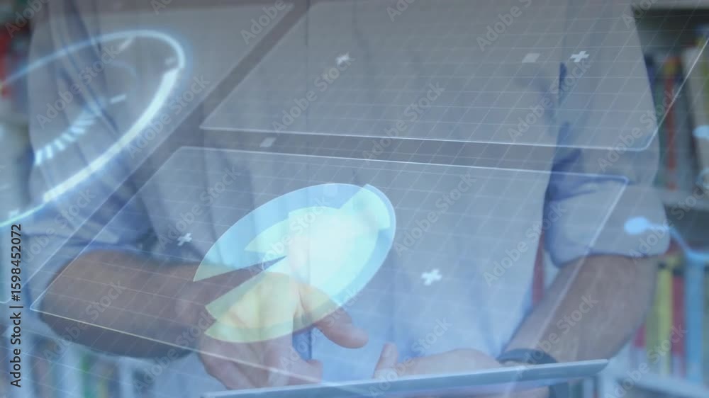 Poster man holding tablet tapping screen, expanding grid and ring into composite technology data interface