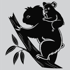Baby Koala Riding on Mother's Back silhouette vector design art and illustration