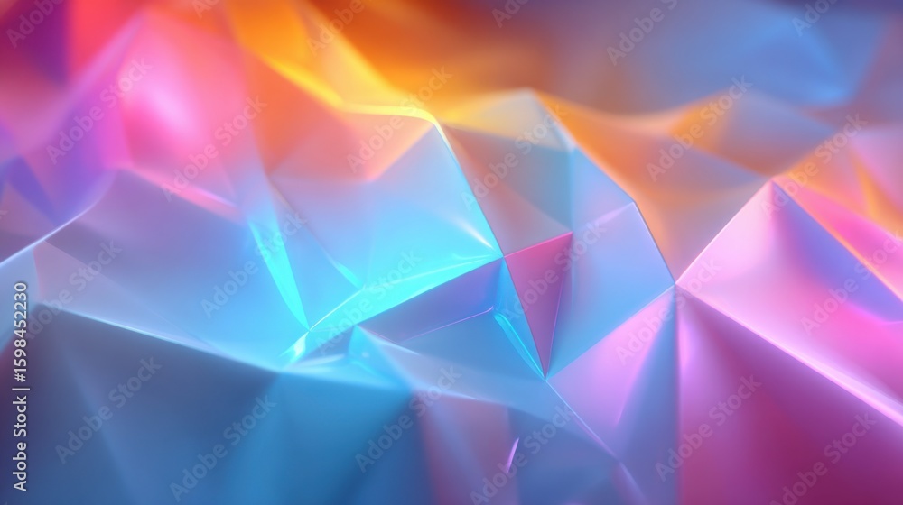 Poster Dynamic colors create a mesmerizing abstract design with sharp geometric shapes and gradients, reflecting light and creating depth and texture. This vivid artwork captivates the viewer's attention.