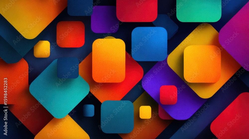 Poster bright geometric shapes in various colors overlap in a dynamic arrangement on a dark background, off