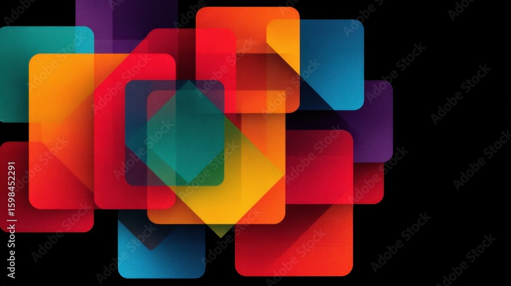 Poster brightly colored geometric shapes overlap with transparency, creating a vibrant and dynamic abstract