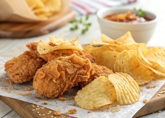 Crispy fried chicken pieces with potato chips and dipping sauce