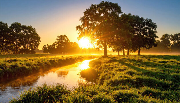 Golden sunrise illuminating green meadow with river and trees