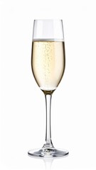 Glass of champagne wine with sparkling bubbles on white background