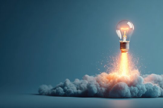 A glowing lightbulb transforming into a rocket launching upwards with a trail of fire and smoke against a dark blue background