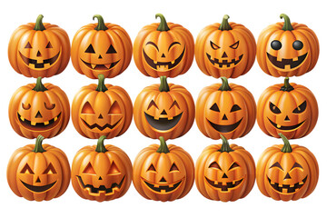 A diverse collection of carved pumpkins with various spooky and funny faces, ready for halloween night isolated on transparent background