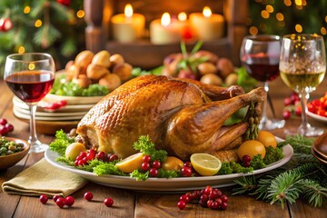 Whole Roasted Turkey Dinner with Wine and Christmas Decorations