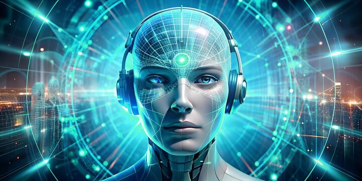 A closeup front portrait of a serene humanoid robot wearing headphones with a glowing digital network pattern - Powered by Adobe