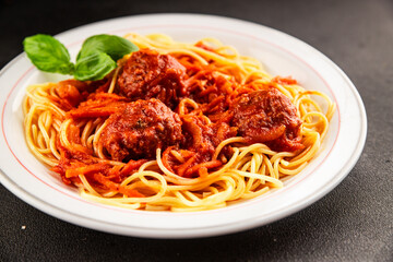 Spaghetti meatballs tomato sauce Italian recipe fresh delicious gourmet food background on the table rustic food top view copy space