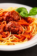 Spaghetti meatballs tomato sauce Italian recipe fresh delicious gourmet food background on the table rustic food top view copy space