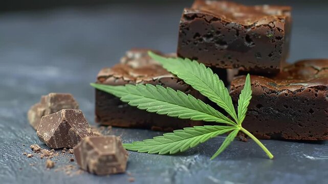 Cannabis brownies, chocolate pieces, dark background, food photography, recipe