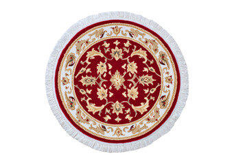 Ornate round red rug with intricate gold and white floral patterns on transparent background, PNG