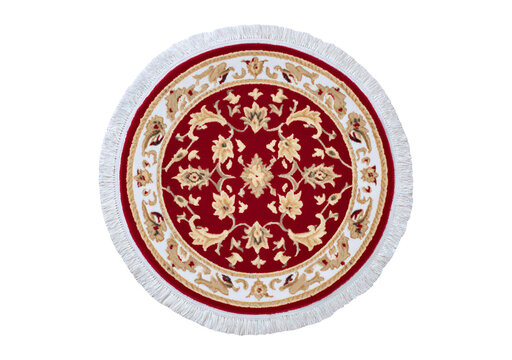 Ornate round red rug with intricate gold and white floral patterns on transparent background, PNG