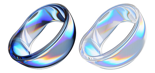 Colorful iridescent 3D glass bubbles – full and translucent pair. Glossy abstract spheres with flowing shape and light dispersion, suitable for UI design and branding.