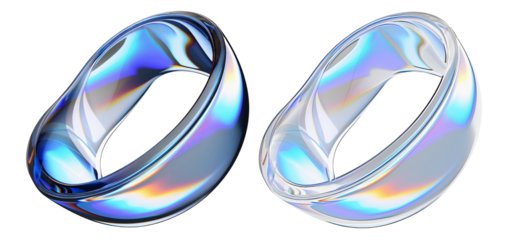 Colorful iridescent 3D glass bubbles – full and translucent pair. Glossy abstract spheres with flowing shape and light dispersion, suitable for UI design and branding.