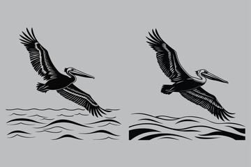 Pelican Flying Over Ocean Surface silhouette vector design art and illustration