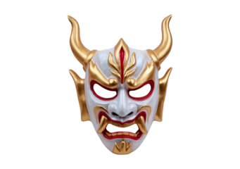 Traditional gold and white oni mask with horns on transparent background, PNG