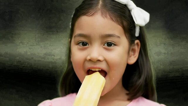 Adorable young Asian girl joyfully eats a delicious yellow popsicle on a hot summer day a close up shot of a happy child enjoying a sweet frozen treat