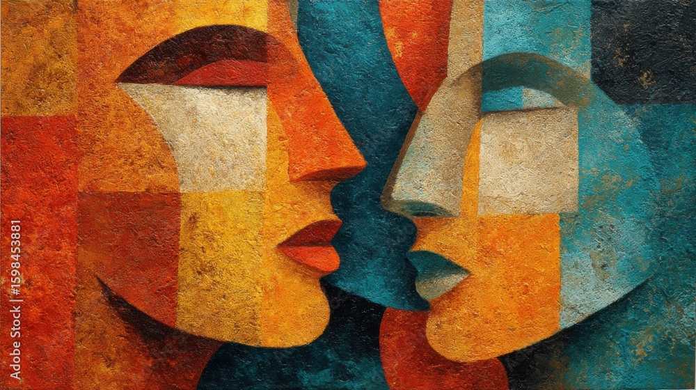 Poster two abstract faces merge in vibrant colors, featuring geometric shapes and distinct facial expressio