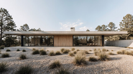 Modern minimalist architectural design featuring a flat roof house with large glass windows and wooden paneling set amidst a natural landscape