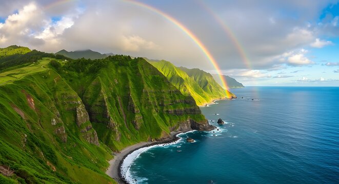 Dramatic coastal landscape with lush green cliffs and a vibrant double rainbow over the ocean.