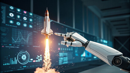 space shuttle launch, bot arm, ai future, illustration