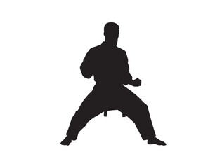 Silhouette of martial artist in defensive alert stance, vector black on white