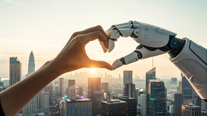 people and bot living together, illustration, bot life, city background, love style