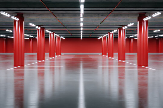 Wide angle view of an empty parking garage with red pillars and grey floor, illuminated by ceiling lights. Clean, modern architectural space.