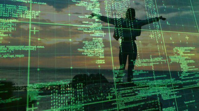 Code grid appearing over shore, silhouette aligning and raising arms to T-shape showing technology