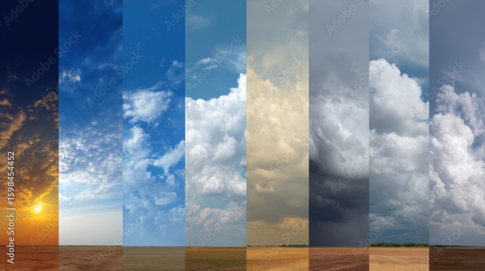 Aufkleber different cloud formations and colors illustrate the changing weather in a vast open field. the prog
