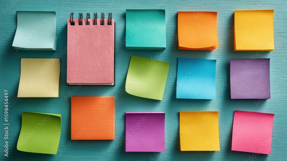 Poster brightly colored sticky notes in various shades surround a pink notepad on a teal background. this s