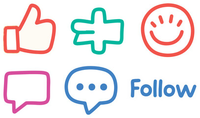 Fototapeta premium Social Media Stickers with Like Plus Smiley Comment and Follow Icons on a Black Background