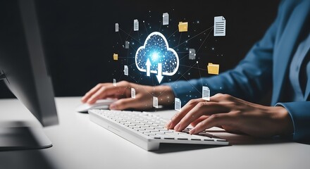 Cloud Computing Connectivity: Business professional managing data transfer, file management, and online storage on a desktop computer, in a dark environment with digital icons overlay. Vector