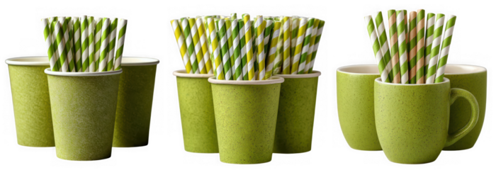 Several green paper cups are filled with colorful striped paper straws presented in groups against a transparent background for a festive occasion
