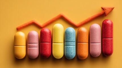 Capsules of different colors are aligned horizontally against a yellow backdrop. A rising arrow made of orange material signifies an upward trend, symbolizing health improvement or product growth.