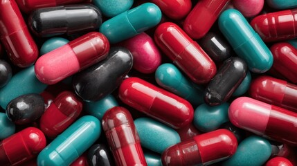 A colorful assortment of capsules in various shapes sprawled out on a flat surface. The vibrant colors include red, teal, black, and pink, creating a visually striking display in soft lighting.